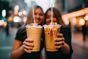 contento femmina amici con ghiaccio caffè su città strada ,generativo ai foto