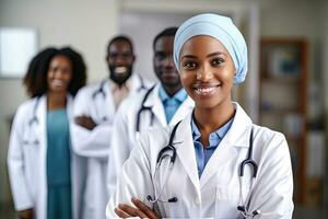 contento Sud africano donna, squadra medico a Ospedale, generativo ai. foto