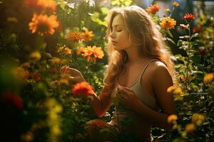 un' bellissimo donna godendo nel giardino fiori a il estate sole , copia spazio ,generativo ai foto