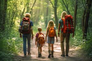 attivo famiglia tempo libero escursioni a piedi e il trekking su un' natura pista ,generativo ai foto