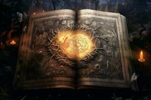 un intricato illustrazione di un' strega antico Libro degli incantesimi foto