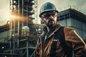 industriale direttore in piedi vicino fabbrica fuori. generativo ai . foto