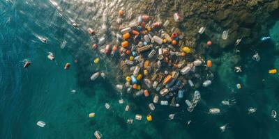 spazzatura a partire dal plastica bottiglie nel il mare , superiore Visualizza ,generativo ai foto