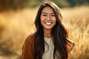 asiatico donna nel 30s sorridente, lungo capelli, nazione luogo sfondo ,generativo ai foto