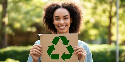 contento donna Tenere carta con verde raccolta differenziata cartello al di sopra di naturale sfondo ,generativo ai foto