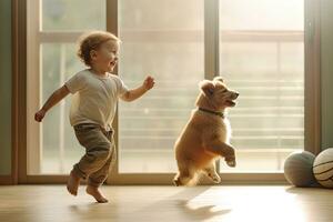 un' ragazzo giocando calcio con cane a casa. ,generativo ai. foto