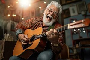 contento anziano stanco , giocare chitarra divertimento .generativo ai foto