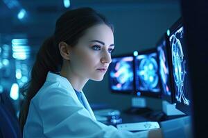 medico femmina di professionale scienziati Lavorando monitor mostrando ct, mri scansioni avendo discussioni e Lavorando su personale computer. generativo ai foto