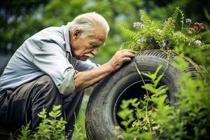 anziano uomo riproporre un vecchio pneumatico in un' giardino fioriera, dimostrando il creativo potenziale di upcycling scartato materiali. ,generativo ai foto