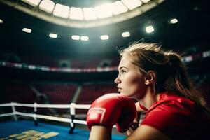 boxe giovane donna nel azione su il stadio ,generativo ai. foto