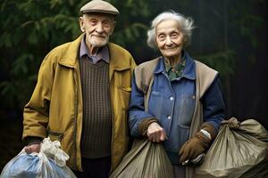anziano coppia pensionato , volontariato, spazzatura raccolta,generativo ai foto