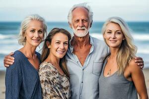 bellissimo famiglia , anziano coppia di il oceano dietro a il bellissimo mare, creato con generativo ai. foto