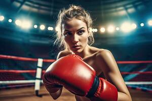 boxe giovane donna nel azione su il stadio ,generativo ai. foto