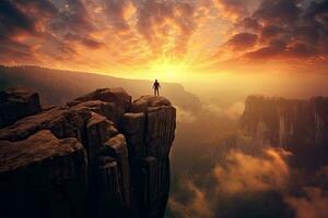 uomo in piedi su superiore di scogliera a tramonto , generativo ai foto