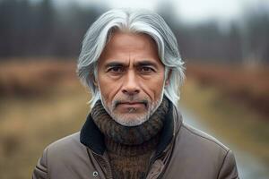 indiano uomo nel anni '60, medio grigio capelli, nazione luogo sfondo ,generativo ai foto
