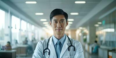 ritratto di Asia medico in piedi nel Ospedale, copia spazio pubblicità Messaggio ,generativo ai. foto