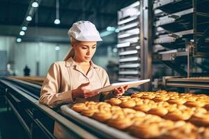 manager donna fare qualità controllo in piedi di macchine nel cibo produzione officina, generativo ai . foto