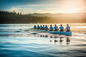 Da donna canottaggio squadra su blu acqua ,generativo ai. foto