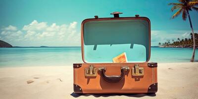 Aperto valigia su tropicale spiaggia sfondo ,generativo ai foto