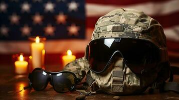 veterani giorno omaggio. kevlar casco, Camo coperchio, e il americano spirito. generativo ai foto