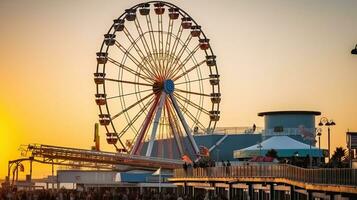 tramonto spettacolo - il Ferris ruota a Pacifico del parco molo. generativo ai foto