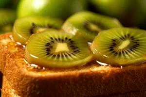 kiwi pane abbrustolito, macro tiro di un' fresco prima colazione con gocciolante Miele, ai generato foto