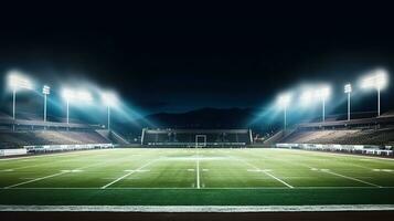 un' calcio arena ardente nel luminosa luci. generativo ai foto