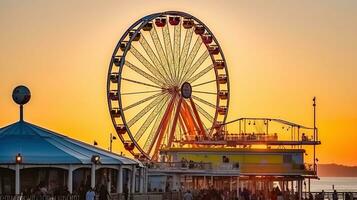 equitazione il Ferris ruota a tramonto su il molo. generativo ai foto