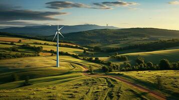 il sbalorditivo tramonto al di sopra di verde i campi e vento turbine. innovativo alternativa energia concetto. generativo ai foto