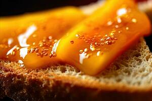 Mango pane abbrustolito, macro tiro di un' fresco prima colazione con gocciolante Miele, ai generato foto