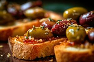 olive pane abbrustolito, macro tiro di un' fresco colazione, ai generato foto