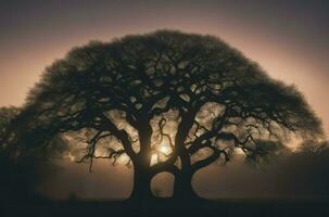 naturale tramonto paesaggio con uomo sotto il albero silhouette, generativo ai foto