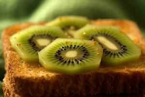 kiwi pane abbrustolito, macro tiro di un' fresco prima colazione con gocciolante Miele, ai generato foto