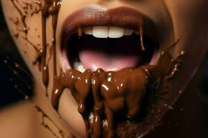 femmina bocca mangiare spruzzo cioccolato. creare ai foto