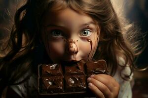 poco ragazza mangiare grande cioccolato sbarra. creare ai foto
