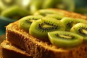 kiwi pane abbrustolito, macro tiro di un' fresco prima colazione con gocciolante Miele, ai generato foto