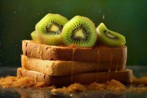 kiwi pane abbrustolito, macro tiro di un' fresco prima colazione con gocciolante Miele, ai generato foto