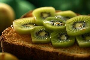 kiwi pane abbrustolito, macro tiro di un' fresco prima colazione con gocciolante Miele, ai generato foto