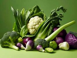 diverso verdure broccoli, viola cavolo, cavolfiore, romaine lattuga su verde sfondo pianta confuso vegano dieta salutare stile di vita raccolta generativo ai foto