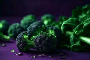 verde verdure su viola sfondo broccoli e foglia lattuga pianta confuso vegano dieta salutare stile di vita generativo ai foto