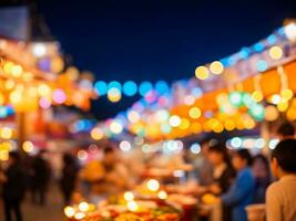 sfocato notte mercato a piedi strada, luci bokeh sfondo foto