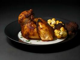 un' piatto di pollo gamba con al forno cavolfiore su nero sfondo foto