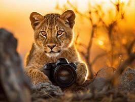 Leone cucciolo con un' telecamera nel il savana a tramonto. foto