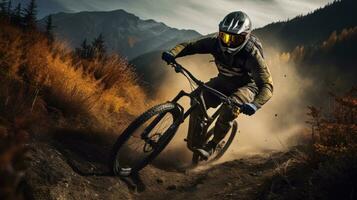 professionale montagna motociclista equitazione su un' sporco strada nel il alto montagne foto