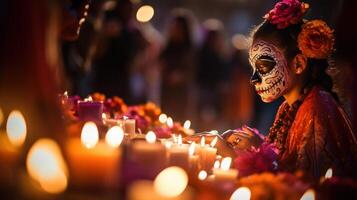 messicano zucchero cranio donna con ardente candele su Calavera de los muertos Festival foto