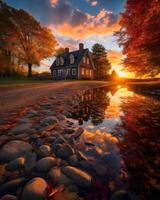 autunno paesaggio con lago e Casa nel il campagna a tramonto. foto