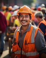 ritratto di un' contento maschio costruzione lavoratore sorridente a il telecamera. lavoro duro e faticoso giorno concetto foto