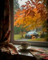 tazza di caffè su un' davanzale con autunno le foglie nel il sfondo foto