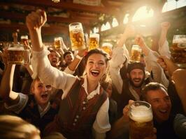 gruppo di contento giovane persone nel tradizionale bavarese Abiti potabile birra e avendo divertimento nel un' pub foto