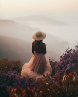 bellissimo donna nel cappello e lungo vestito su il superiore di il montagna a tramonto foto